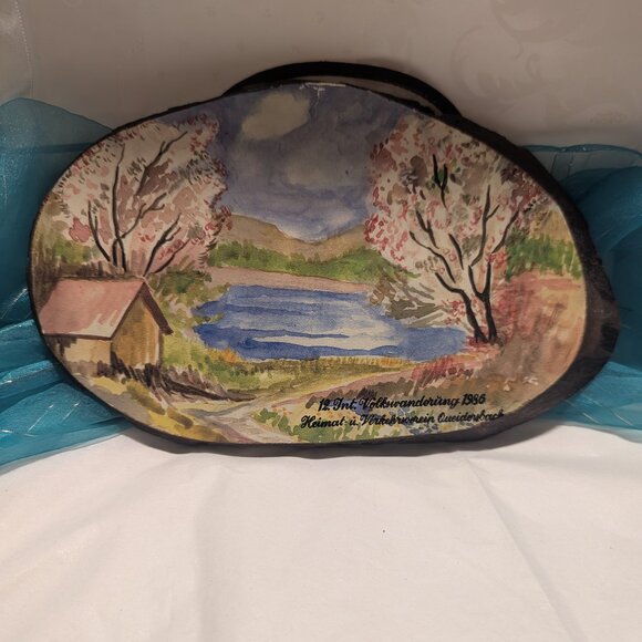 QUEIDERS BACH Germany Oil Painting on Tree Wood Cut Signed 1986